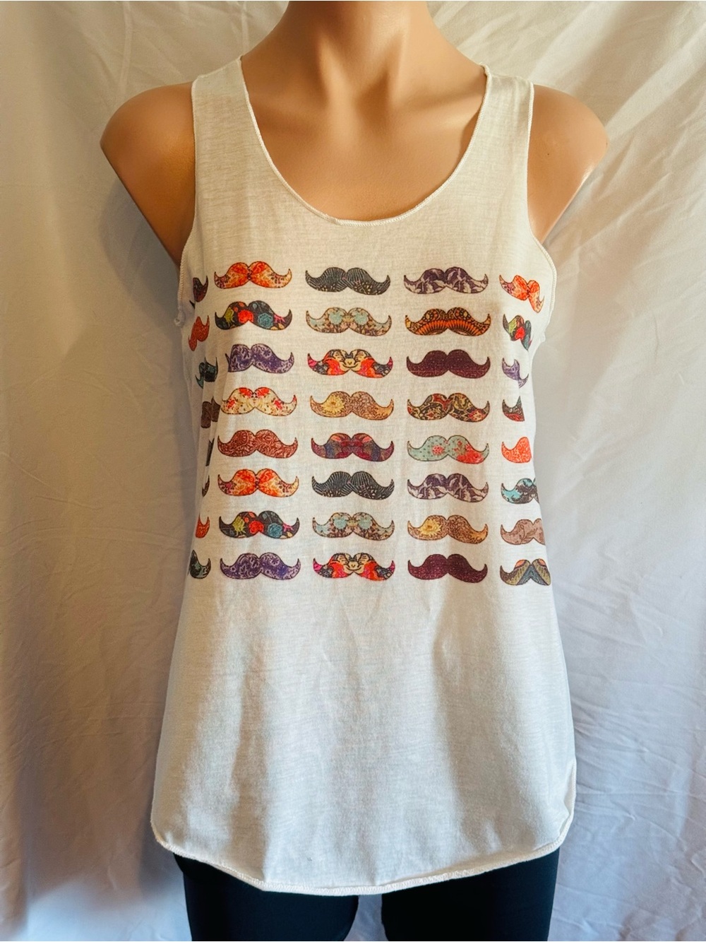 Fun White Tank Top with Multicolor Mustache Print
